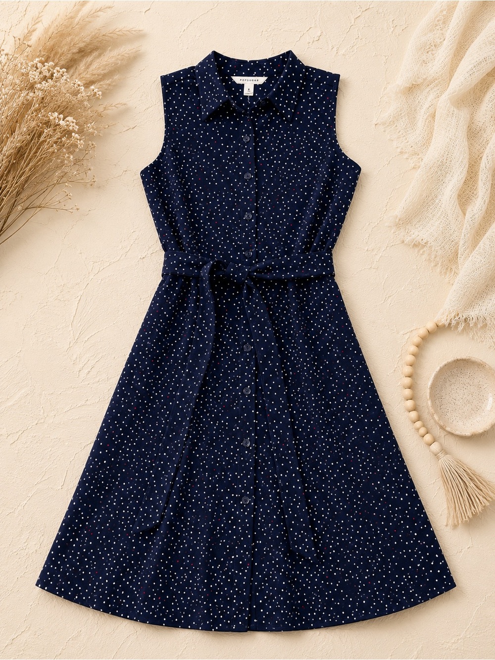 NWT POPSUGAR Navy Polka Dot Belted Shirt Dress Small Collared Button Front